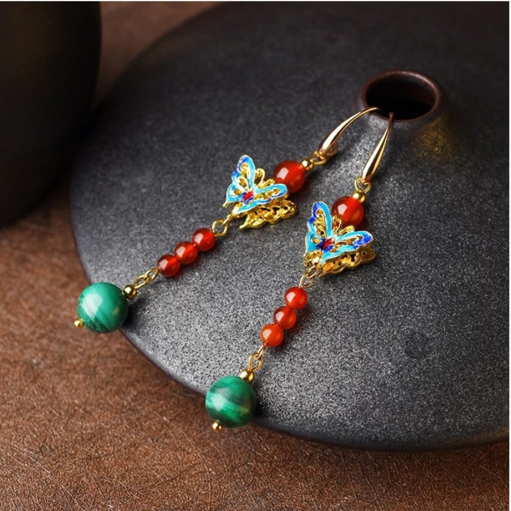 Gold Plated Malachite Agate Butterfly Earrings